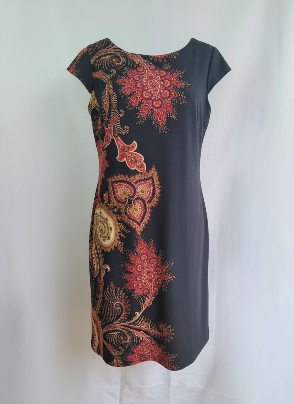 Boho LIZ CLAIBORNE Red Gold Black Paisley Print Cap Sleeve Sheath Dress Size 10
